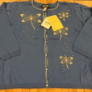 NWT Bob Mackie Wearable Art Blue Cardigan with Beaded Dragonflies Size 2X